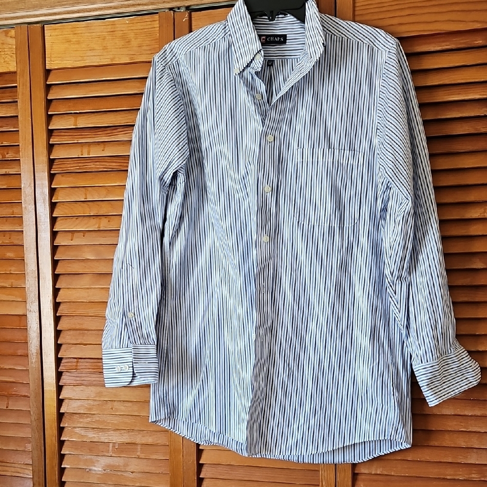 Chaps Men's Navy and White Pinstripe Shirt
